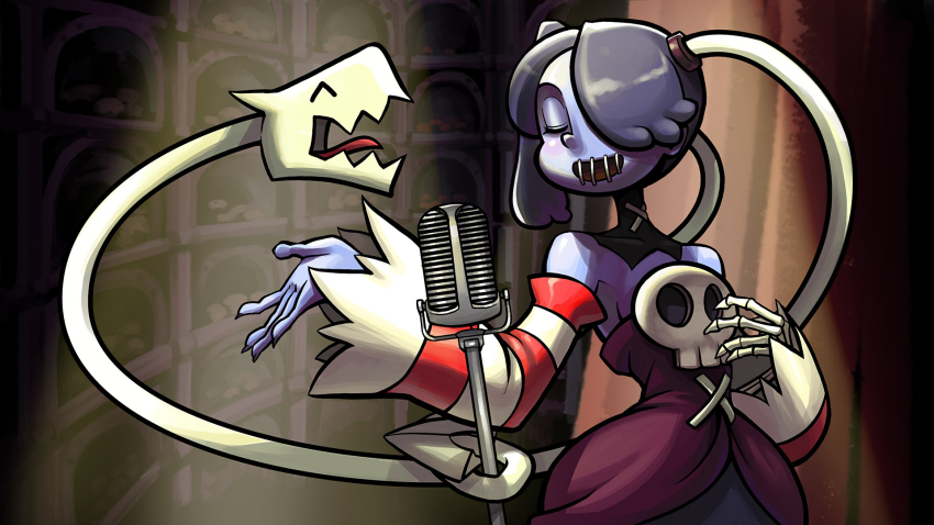 1girl bare_shoulders blue_skin colored_skin duet closed_eyes hair_over_one_eye highres lab_zero_games leviathan_(skullgirls) mausoleum microphone music nemi official_art open_mouth side_ponytail singing skull skullgirls smile squigly_(skullgirls) stitched_mouth stitches tongue zombie