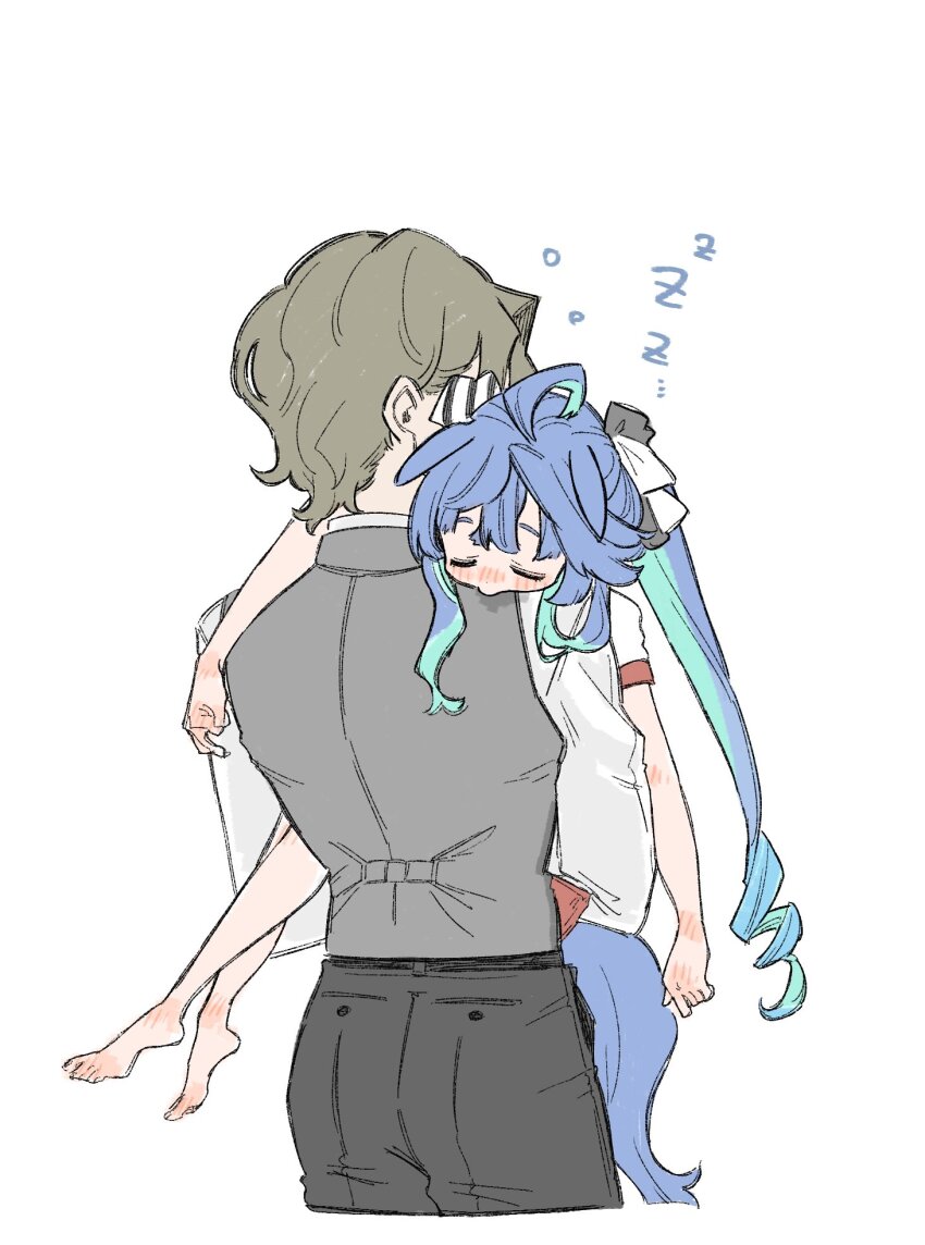 1boy 1girl ahoge animal_ears aqua_hair barefoot black_pants blue_hair blush bow brown_hair carrying carrying_person closed_eyes crossed_bangs ears_down from_behind grey_vest hair_bow highres horse_ears horse_girl horse_tail long_hair multicolored_hair pants shirt short_hair sidelocks simple_background sleeping tail trainer_minamizaka twin_turbo_(umamusume) twintails two-tone_hair umamusume vest white_background white_shirt yawaraka_yusen yurie_mouth zzz