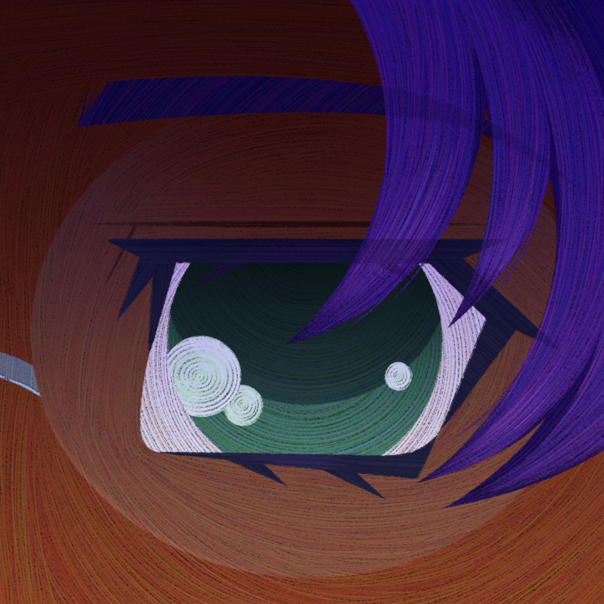 1girl close-up commentary cryptidhermit dark-skinned_female dark_skin english_commentary eye_focus eyelashes eyes_visible_through_hair faux_traditional_media glasses green_eyes highres himemiya_anthy looking_at_viewer purple_hair rimless_eyewear shoujo_kakumei_utena solo