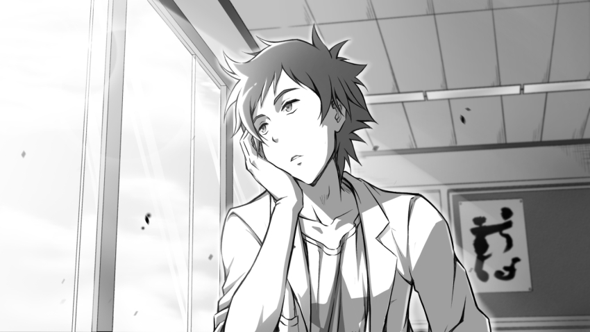 1boy coat digimon digimon_adventure_tri. looking_at_another male_focus nishijima_daigo original short_hair solo window