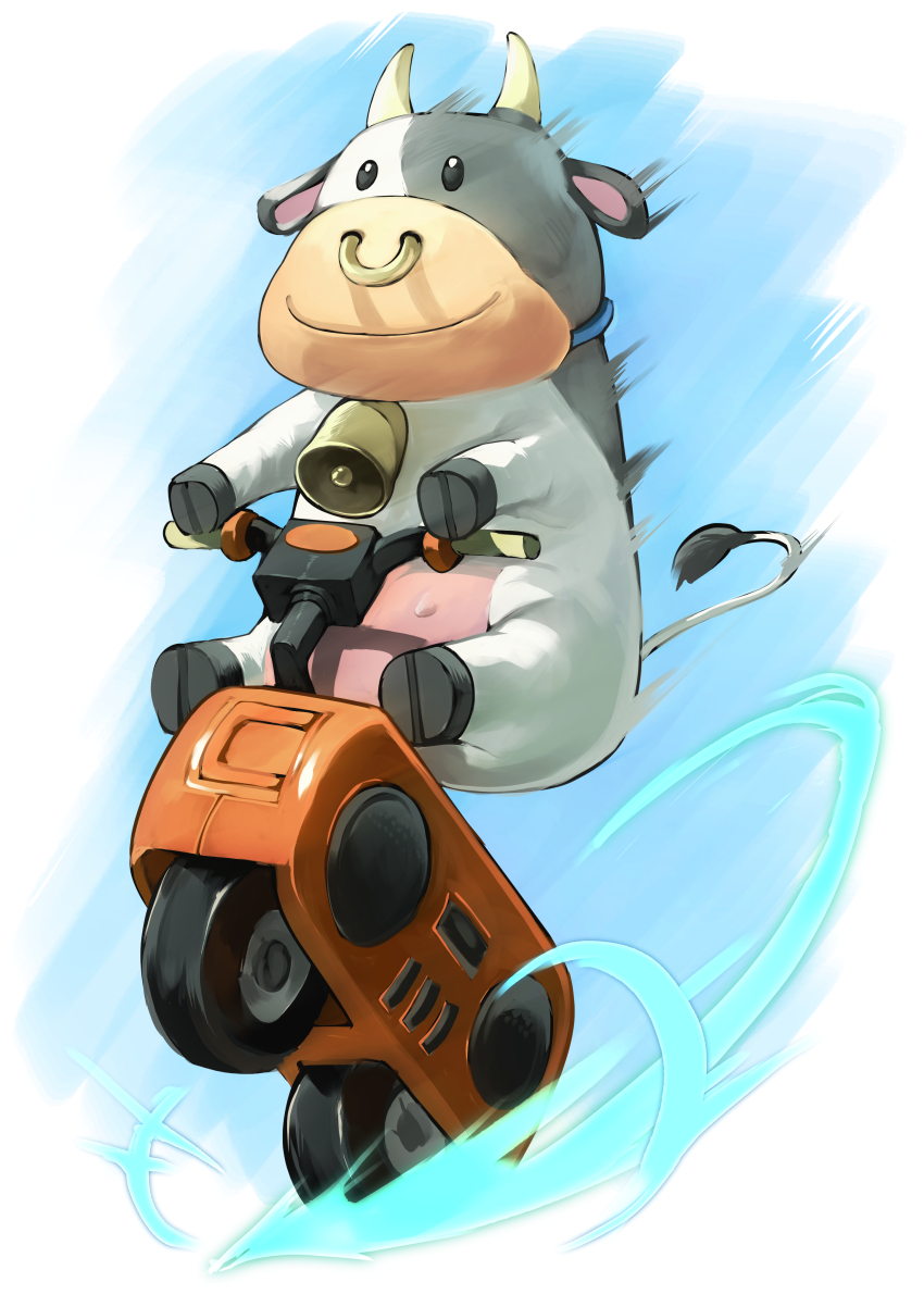 absurdres bell blue_background blue_collar collar commentary_request cow cow_horns cow_tail cowbell face_piercing highres horns mario_(series) mario_kart mario_kart_world moo_moo_(mario) motion_lines motor_vehicle motorcycle nintendo nose_piercing nose_ring on_motorcycle piercing risumi_(taka-fallcherryblossom) sitting smile solo tail two-tone_background wheel white_background
