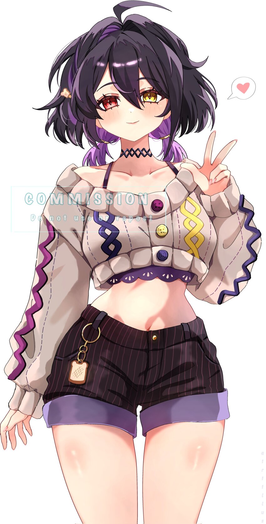1girl absurdres ahoge airiillus black_choker black_hair black_shorts brown_sweater character_request choker closed_mouth commission cowboy_shot crop_top crop_top_overhang cropped_sweater diamond-shaped_pupils diamond_(shape) hair_between_eyes hand_up heart heterochromia highres long_hair long_sleeves looking_at_viewer midriff multicolored_hair navel original puffy_long_sleeves puffy_sleeves purple_hair purple_shirt red_eyes shirt short_shorts shorts simple_background smile solo spaghetti_strap spoken_heart streaked_hair sweater symbol-shaped_pupils thighs twintails undershirt v vgen_commission white_background yellow_eyes
