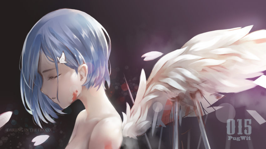 1girl angel angel_wings artist_name bare_shoulders black_background blood blood_on_arm blood_on_face bloody_wings blue_hair blurry bob_cut bokeh character_name cherry_blossoms chinese_commentary closed_eyes commentary_request copyright_name darling_in_the_franxx depth_of_field eyelashes feathers from_side hair_ornament hair_strand hairclip highres ichigo_(darling_in_the_franxx) nude parted_lips profile pugwit short_hair solo spikes upper_body white_feathers white_wings wings