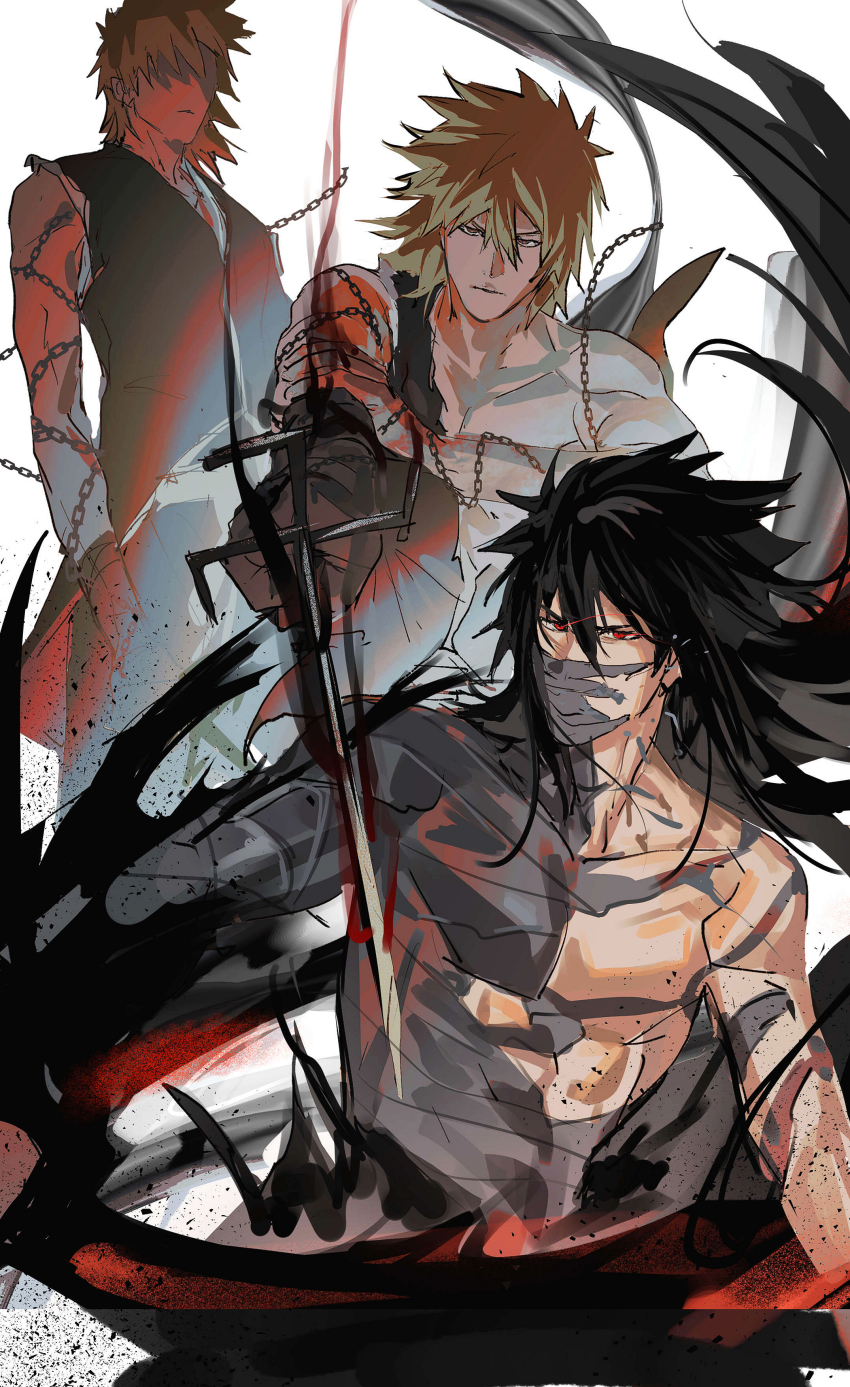 1boy absurdres bankai black_hair bleach chain chamsut0905 closed_mouth collarbone commentary_request cowboy_shot fighting_stance floating_hair glowing glowing_eyes highres holding holding_sword holding_weapon katana korean_commentary kurosaki_ichigo long_hair looking_at_viewer male_focus mask medium_hair mouth_mask mugetsu_form_(bleach) multiple_views muscular muscular_male orange_hair red_eyes simple_background sketch spiked_hair sword tensa_zangetsu_(bankai) torn_clothes v-shaped_eyebrows very_long_hair weapon white_background