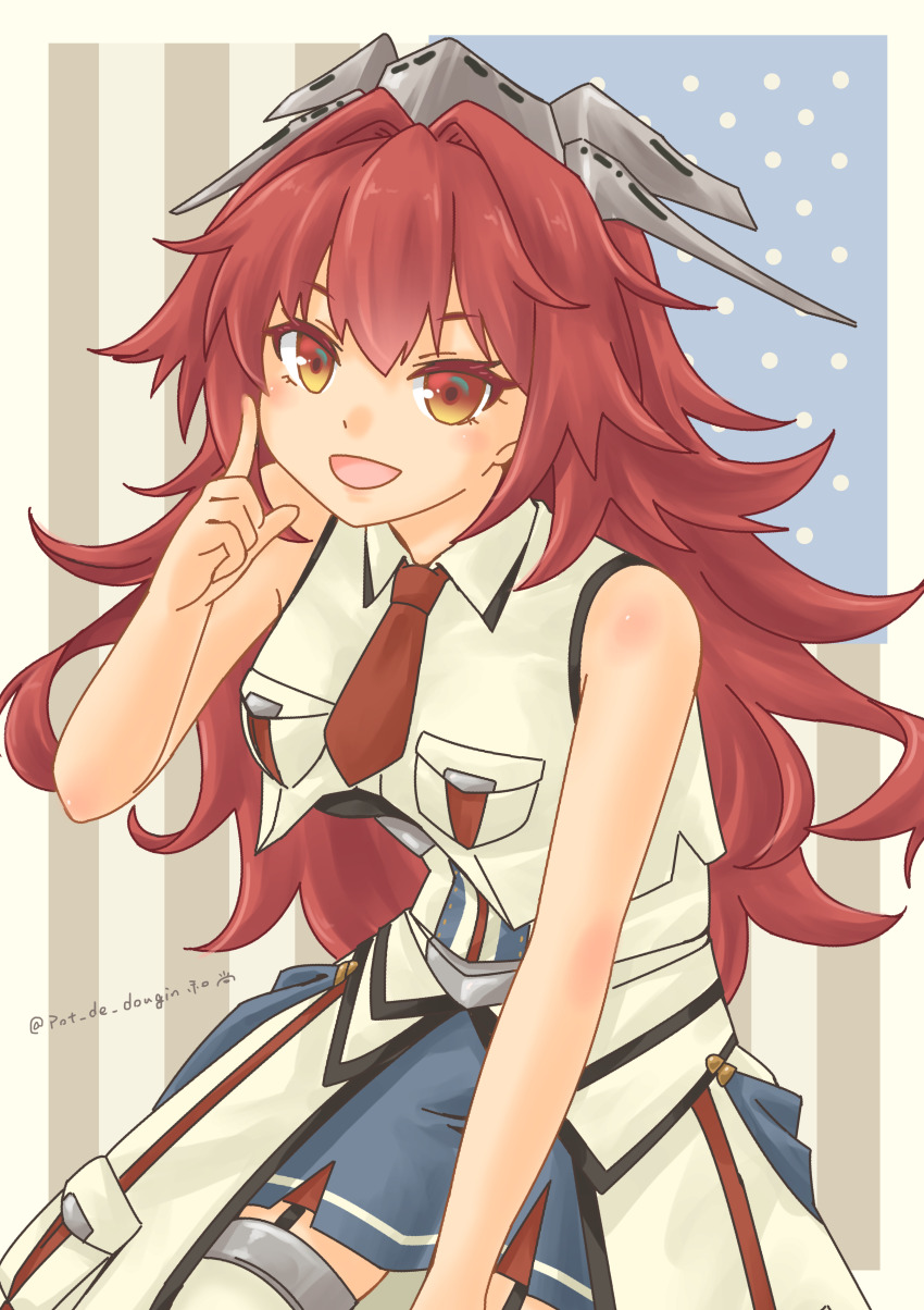 absurdres american_flag_background blue_skirt breasts headgear highres index_finger_raised jacket kantai_collection long_hair looking_at_viewer medium_breasts messy_hair military_uniform necktie phoenix_(kancolle) pleated_skirt pot-de red_eyes red_hair red_necktie skirt sleeveless sleeveless_jacket smile white_jacket white_overskirt