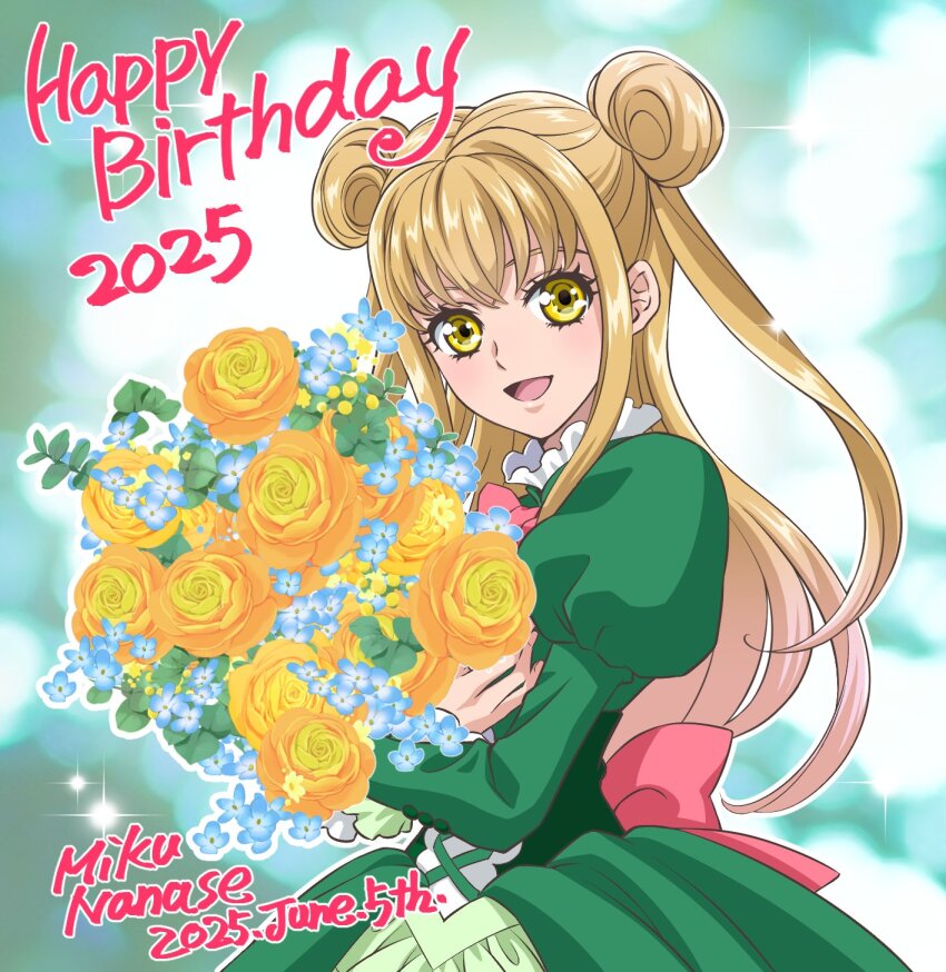 1girl :d blonde_hair bouquet bow dated double_bun dress english_text flower green_dress hair_bun happy_birthday highres holding holding_bouquet juliet_sleeves lan_ruobing long_hair long_sleeves looking_at_viewer mxnanase open_mouth puffy_sleeves rose smile solo very_long_hair yellow_eyes yellow_flower yellow_rose zhandou_wang_zhi_jufeng_zhan_hun