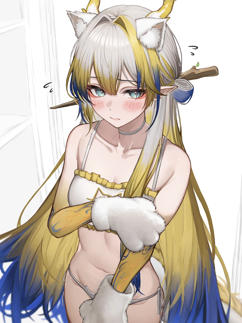 1girl absurdres animal_ears aqua_eyes arknights blonde_hair blue_hair blush bra closed_mouth commentary_request highres horns looking_at_viewer multicolored_hair navel panties shu_(arknights) solo tab_head underwear white_bra white_hair white_panties