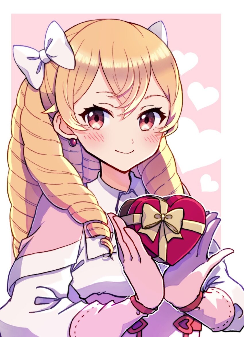 1girl blonde_hair blush bow box commentary dress drill_hair earrings fire_emblem fire_emblem_awakening gloves gogatsu_(yeaholiday) hair_between_eyes hair_bow heart-shaped_box highres holding holding_box jewelry long_hair long_sleeves maribelle_(fire_emblem) nintendo pink_dress pink_gloves red_eyes smile solo very_long_hair white_bow
