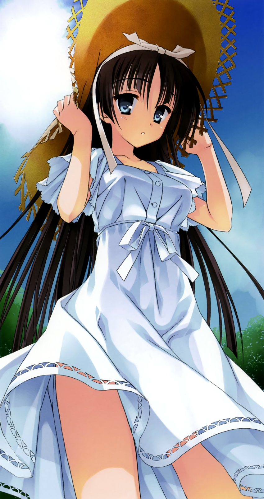 1girl absurdres black_hair blue_eyes collarbone day dress female_focus from_below hair_ribbon hat hidan_no_aria highres hotogi_shirayuki kobuichi long_hair looking_at_viewer outdoors ribbon solo standing straw_hat sundress white_dress white_ribbon