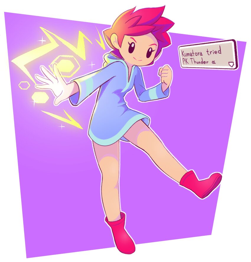 1girl absurdres boots closed_mouth dress english_text full_body highres hood hooded_dress hoodie kumatora looking_at_viewer mother_(series) mother_3 nintendo pink_boots pink_eyebrows pink_hair short_hair shorts smile solo starbirbz