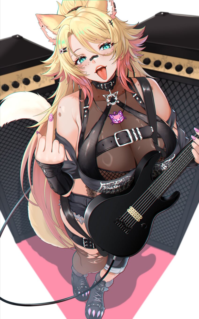 1girl animal_ear_fluff animal_ears aqua_eyes asymmetrical_clothes bandaid bandaid_on_face bandaid_on_nose belt belt_collar black_belt black_boots black_collar blonde_hair boots breasts cat_ears cat_necklace chest_belt collar earrings electric_guitar freckles guitar hair_between_eyes hair_ornament highres holding holding_guitar holding_instrument indie_virtual_youtuber instrument jewelry large_breasts long_hair middle_finger obkatiekat pink_nails see-through_cleavage see-through_clothes shadow single_pantsleg single_thighhigh solo speaker thigh_belt thigh_strap thighhighs tongue tongue_out uzyou_(momotk1109) virtual_youtuber