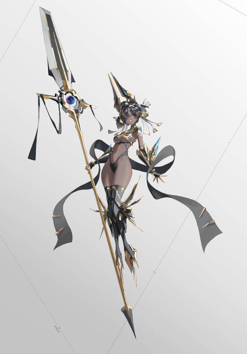 1girl armored_gloves breasts dark-skinned_female dark_skin floating gonduming navel original polearm spear stomach underboob weapon