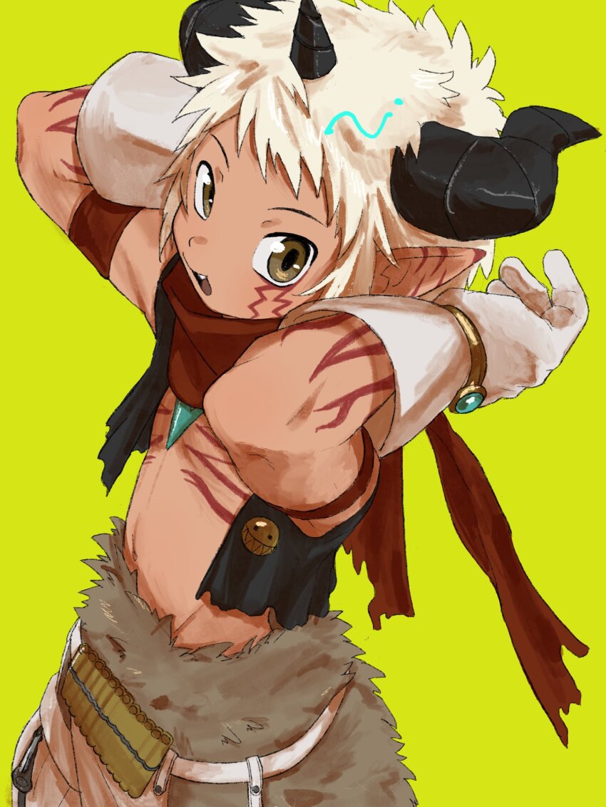 1boy aegiomon black_vest body_markings brown_eyes digimon digimon_(creature) facial_mark gloves goat_horns green_background grey_hair highres horns male_focus no_shoes pointy_ears short_hair solo takeda_conomi vest white_gloves