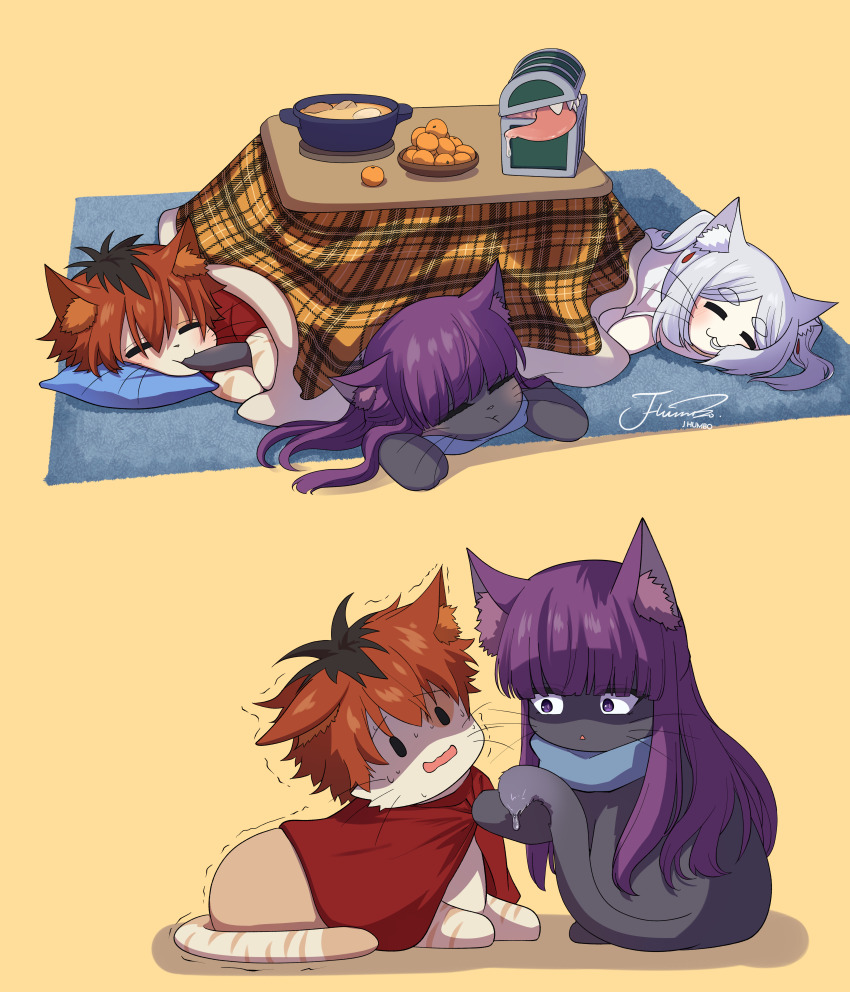 absurdres animal animalization artist_name biting_another&#039;s_tail black_hair cat clothed_animal commentary_request fern_(sousou_no_frieren) food frieren fruit highres j_humbo kotatsu long_hair mimic mimic_chest orange_(fruit) signature sousou_no_frieren stark_(sousou_no_frieren) table tail under_kotatsu under_table