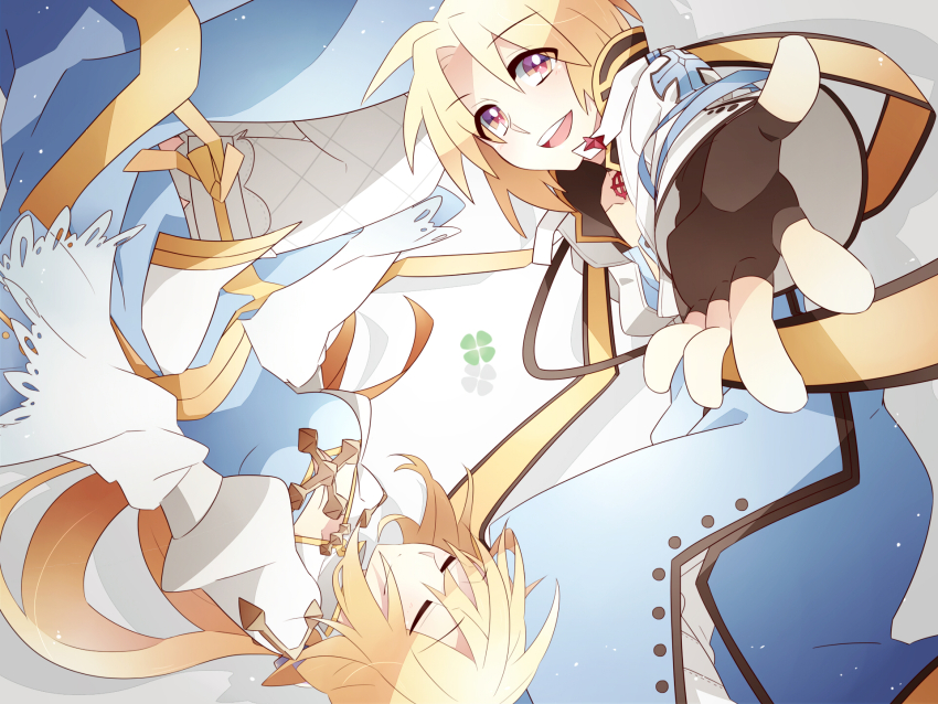 1boy 1girl arch_bishop_(ragnarok_online) black_gloves blue_coat blue_dress breasts choker cleavage cleavage_cutout closed_eyes clothing_cutout coat commentary_request cowboy_shot cross cross_choker cross_of_prontera dress fingerless_gloves fishnet_thighhighs fishnets frilled_thighhighs frills gloves highres jacket juliet_sleeves kinoko_(kinoko_v) long_hair long_sleeves looking_at_viewer open_mouth pants pink_eyes puffy_sleeves ragnarok_online reaching reaching_towards_viewer sash short_hair smile teeth thighhighs two-tone_dress upper_teeth_only upside-down white_dress white_jacket white_pants white_thighhighs yellow_sash