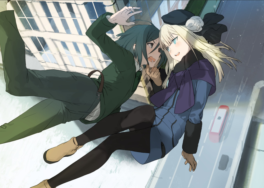 1boy 1girl akinashi_yuu black_hair black_hat black_pants black_pantyhose blonde_hair blue_dress blue_eyes boots bridge brother_and_sister brown_boots brown_gloves building bus car commentary_request dress fate/grand_order fate/zero fate_(series) gloves green_sweater hand_on_another&#039;s_chin hat lord_el-melloi_ii_case_files midair motor_vehicle pants pantyhose reines_el-melloi_archisorte school_uniform short_dress siblings smile step-siblings suspenders_hanging sweatdrop sweater time_paradox waver_velvet