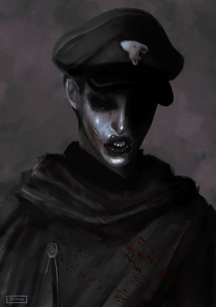black_cloak black_clover black_lips blood blood_on_clothes blood_on_face cloak closed_eyes gordon_agrippa grey_background hat highres irinaai9 mime open_mouth parted_lips thick_lips tears teeth watermark