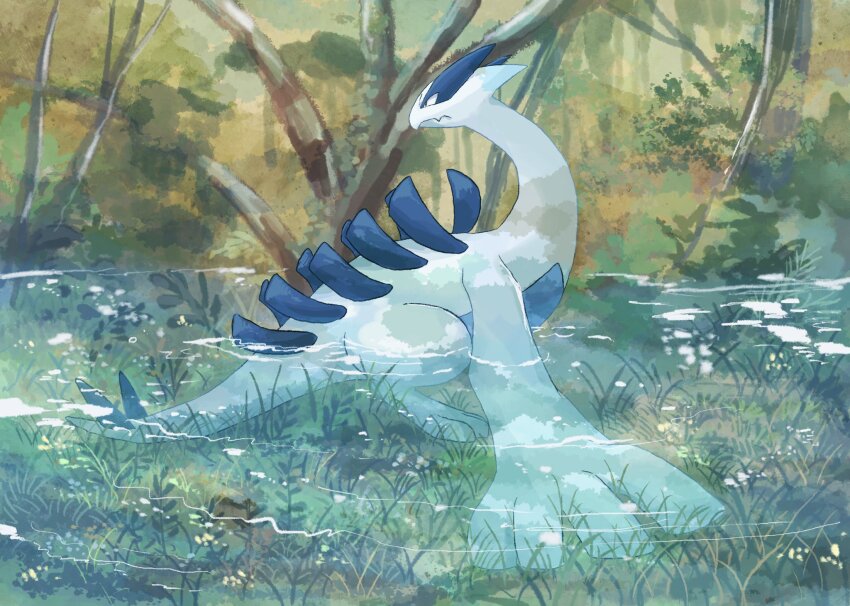 animal_focus black_eyes bright_pupils closed_mouth creatures_(company) day forest full_body game_freak gen_2_pokemon highres lake legendary_pokemon looking_back lugia nature nintendo no_humans outdoors plant pokemon pokemon_(creature) ripples solo volpecorvo water white_pupils