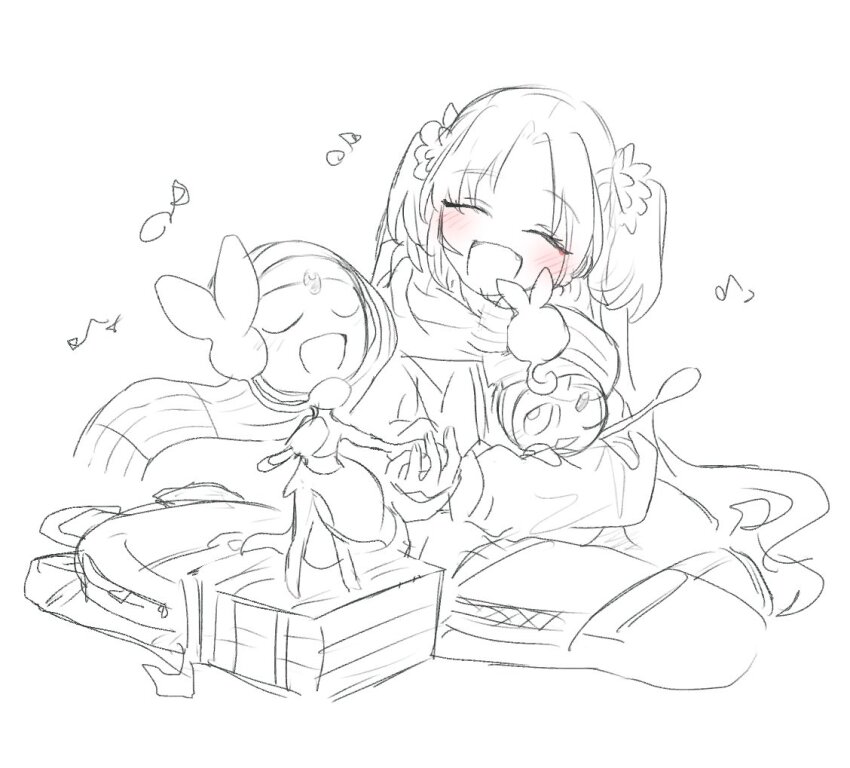 1girl :d ^_^ blush closed_eyes crossover eighth_note fang flower full_body gen_5_pokemon greyscale hair_flower hair_ornament holding_hands legendary_pokemon link!_like!_love_live! long_hair love_live! meloetta meloetta_(aria) meloetta_(pirouette) monochrome music musical_note mythical_pokemon nintendo open_mouth osawa_rurino parted_bangs pokemon pokemon_(creature) singing smile spot_color standing twintails u_u uo_(wotakana_p) virtual_youtuber