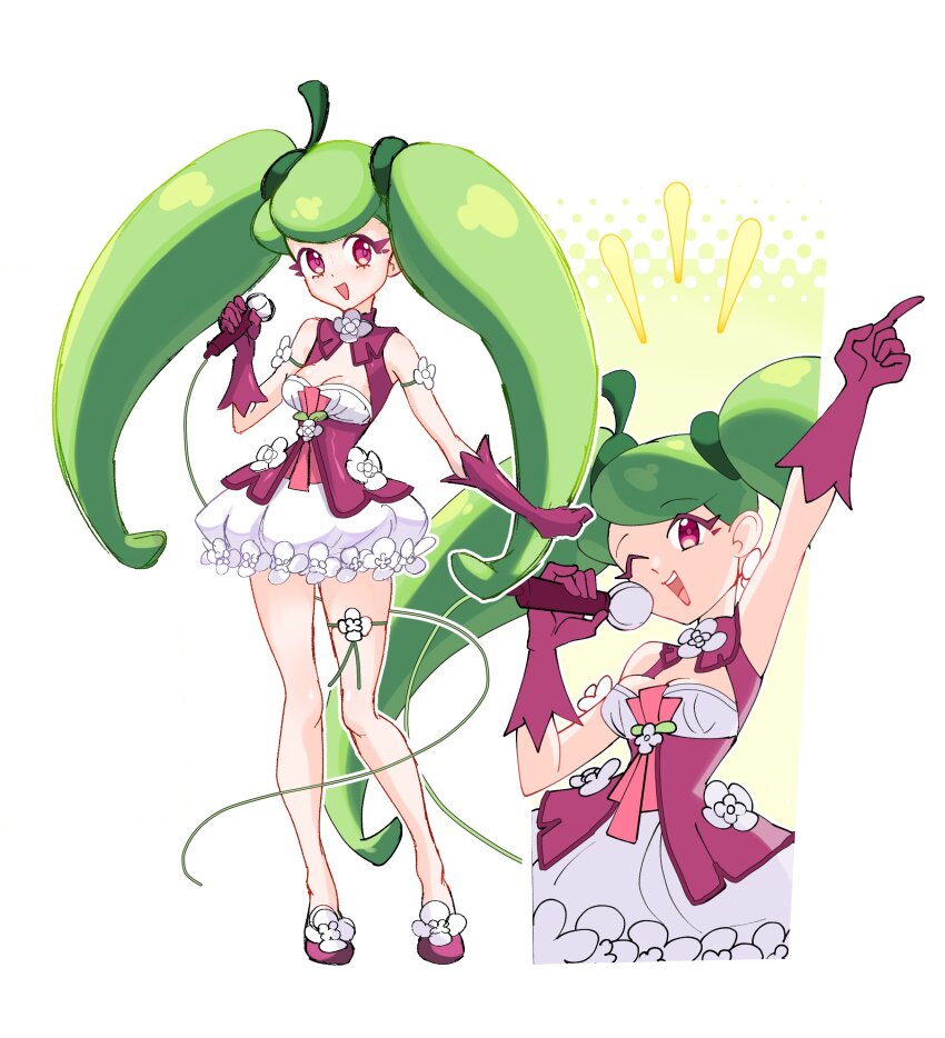 1girl :d absurdres arm_up breasts cleavage_cutout clothing_cutout commentary commission dress english_commentary eyelashes gen_7_pokemon gloves green_hair highres holding holding_microphone index_finger_raised long_hair microphone multiple_views nintendo one_eye_closed open_mouth personification pokemon purple_dress purple_eyes purple_gloves rhymewithray short_dress simple_background smile steenee thigh_strap twintails two-tone_dress white_background white_dress