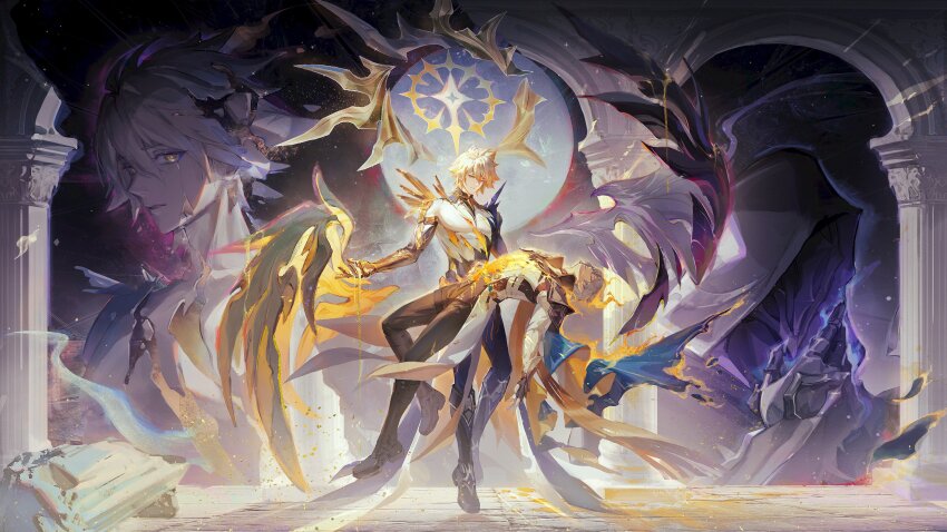 4boys absurdres alternate_form antenna_hair architecture armor asymmetrical_wings black_choker black_cloak black_gloves black_pants black_shirt black_wings blonde_hair blue_cape cape carrying choker clawed_gauntlets cloak closed_eyes coat commentary cracked_skin dark_persona english_commentary fingerless_gloves flame_reaver_of_the_deepest_dark gloves greco-roman_architecture hair_between_eyes halo halo_behind_head highres honkai:_star_rail honkai_(series) hood hood_up hooded_cloak male_focus mask material_growth multiple_boys multiple_persona pants pauldrons phainon_(honkai:_star_rail) princess_carry shirt short_hair shoulder_armor single_pauldron torn_clothes torn_shirt white_coat white_hair wings yellow_blood yellow_eyes yellow_wings yunmaojan