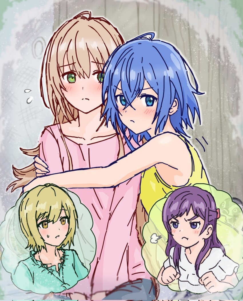 4girls bare_arms blonde_hair blue_eyes blue_hair blue_shirt blush brown_hair child closed_mouth commentary_request green_eyes highres hug jealous jewelry long_hair long_sleeves maho_nakamura misakino_kukuru miyazawa_fuuka multiple_girls necklace pink_shirt purple_eyes purple_hair shiroi_ruka shiroi_suna_no_aquatope shirt short_sleeves tank_top upalupatarara white_shirt yellow_eyes yellow_tank_top yuri