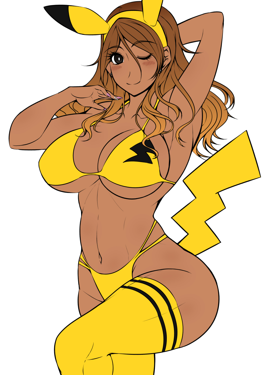 1girl absurdres animal_ears bikini blush bracelet breasts brown_eyes brown_hair cleavage cosplay curvy dark-skinned_female dark_skin earrings fake_animal_ears fake_tail gen_1_pokemon gyaru highres idolmaster idolmaster_shiny_colors izumi_mei jewelry large_breasts long_hair looking_at_viewer myougi_kuraganosuke navel nintendo pikachu pikachu_(cosplay) pokemon simple_background smile solo swimsuit tail thong_bikini white_background yellow_bikini yellow_legwear
