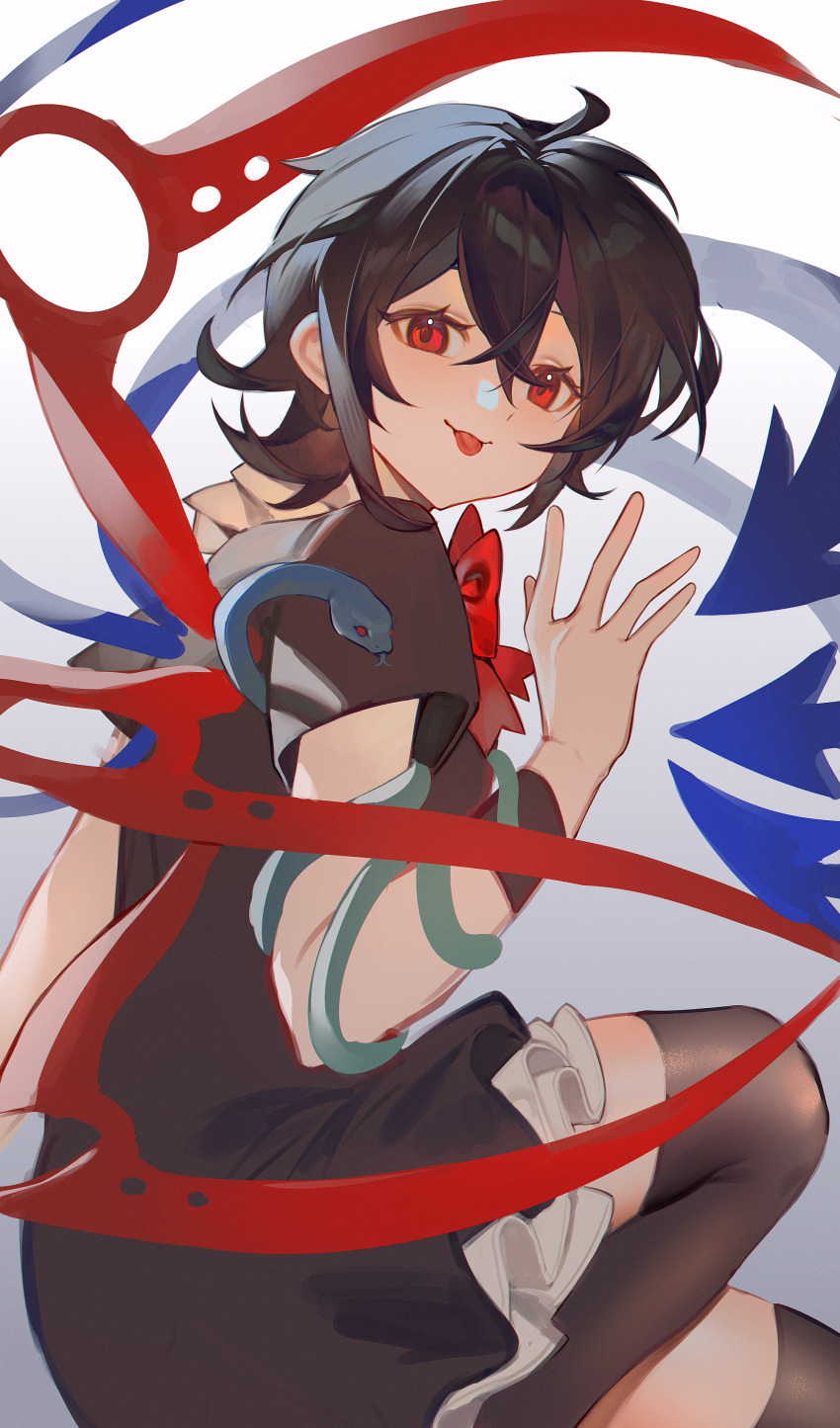1girl absurdres black_hair black_shirt black_thighhighs close_mouth commentary_request ender_xiaohai highres houjuu_nue looking_at_viewer medium_hair shirt smile solo thighhighs tongue tongue_out touhou