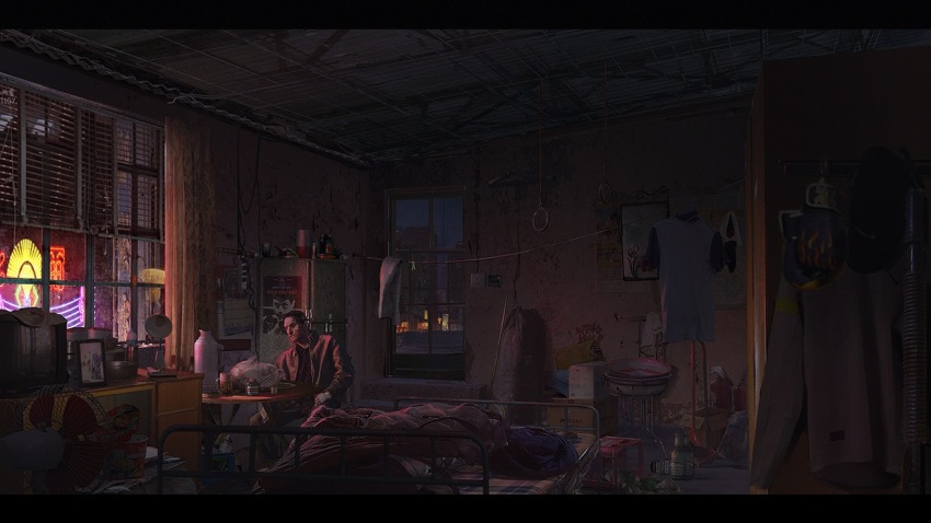1boy apartment bed black_border black_hair black_shirt blanket border brown_jacket bulletin_board chair chinese_commentary commentary_request curtains forehead full_body indoors jacket leather leather_jacket letterboxed long_sleeves male_focus messy_room neon_lights night on_chair open_clothes open_jacket original realistic refrigerator shirt short_hair sitting solo t-shirt unworn_shirt very_short_hair wangzy window wrinkled_skin