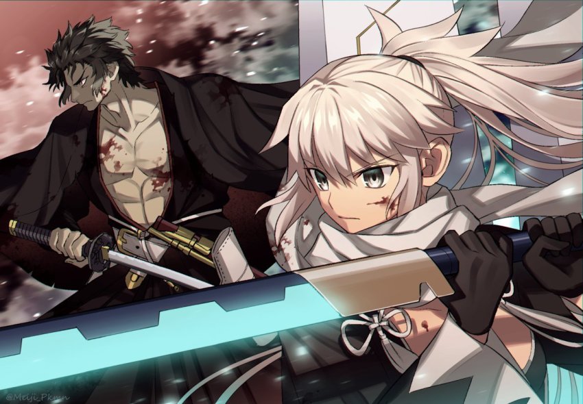 1boy 1girl abs black_eyes black_gloves black_hair black_kimono blood blood_on_clothes blood_on_face closed_mouth collarbone commentary_request fate/grand_order fate_(series) gloves grey_eyes grey_hair hair_between_eyes hijikata_toshizou_(fate) holding holding_sword holding_weapon japanese_clothes katana kimono koha-ace long_hair looking_away meiji_ken okita_j._souji_(fate) okita_j._souji_(second_ascension)_(fate) okita_souji_(fate) okita_souji_(koha-ace) open_clothes ponytail scarf short_hair sword twitter_username weapon white_scarf