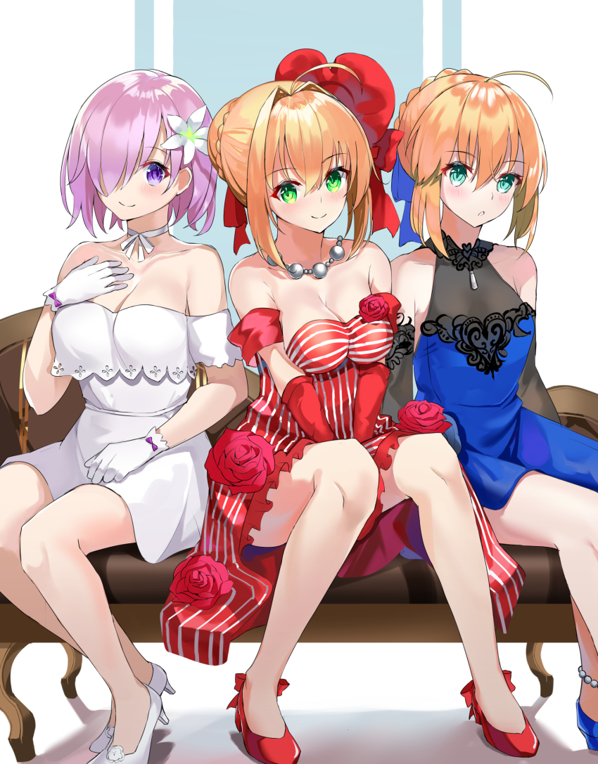3girls ahoge aqua_eyes artoria_pendragon_(fate) bare_shoulders blonde_hair blue_dress blush braid breasts cleavage couch dress fate/extra fate/grand_order fate/stay_night fate_(series) french_braid green_eyes hair_between_eyes hair_over_one_eye high_heels highres large_breasts light_purple_hair long_hair looking_at_viewer mash_kyrielight mash_kyrielight_(formal_dress) medium_breasts multiple_girls nero_claudius_(fate) nero_claudius_(fate/extra) nero_claudius_(idol_emperor)_(fate) official_alternate_costume purple_eyes red_dress saber_(fate) saber_(lapis_lazuli_dress)_(fate) see-through_cleavage see-through_clothes short_hair sitting small_breasts smile tsukise_miwa white_dress