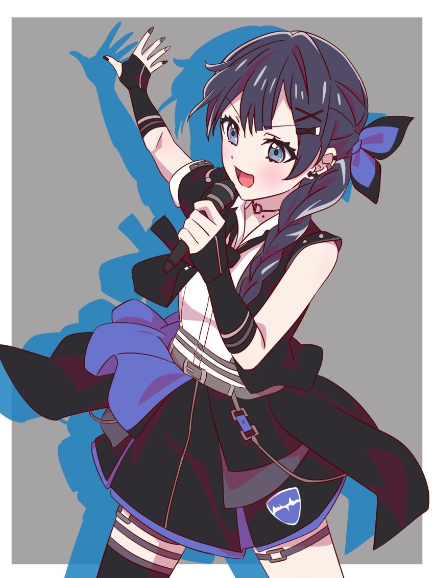 1girl :d black_jacket black_necktie black_skirt black_thighhighs blue_eyes blue_hair blush border braid choker collared_shirt commentary cowboy_shot drop_shadow grey_background hair_ornament highres holding holding_microphone i_do_me!_(love_live!) jacket link!_like!_love_live! long_hair looking_ahead love_live! microphone miniskirt multiple_thigh_straps murano_sayaka myrain56991013 necktie o-ring o-ring_choker official_alternate_costume open_clothes open_jacket open_mouth outside_border outstretched_arm pleated_skirt shirt simple_background single_braid single_sleeve skirt smile solo thighhighs virtual_youtuber white_border white_shirt x_hair_ornament