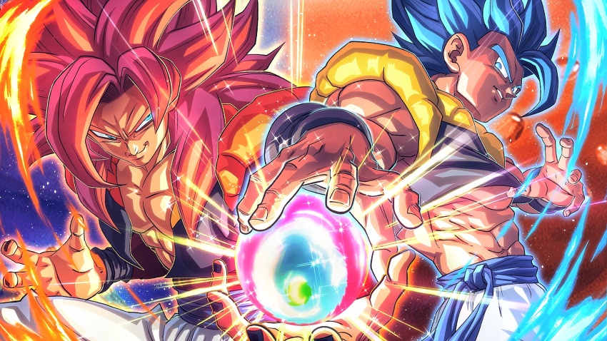 abs blue_eyes blue_sash body_fur brown_fur dougi dragon_ball dragon_ball_gt dragon_ball_super dragon_ball_super_broly dragon_ball_z_dokkan_battle dual_persona gogeta highres long_hair looking_at_viewer male_focus metamoran_vest monkey_boy monkey_tail multiple_boys muscular muscular_male no_nipples pants pectorals red_hair saiyan sash smile smirk spiked_hair srojam stardust_breaker super_saiyan super_saiyan_4 super_saiyan_blue tail white_pants