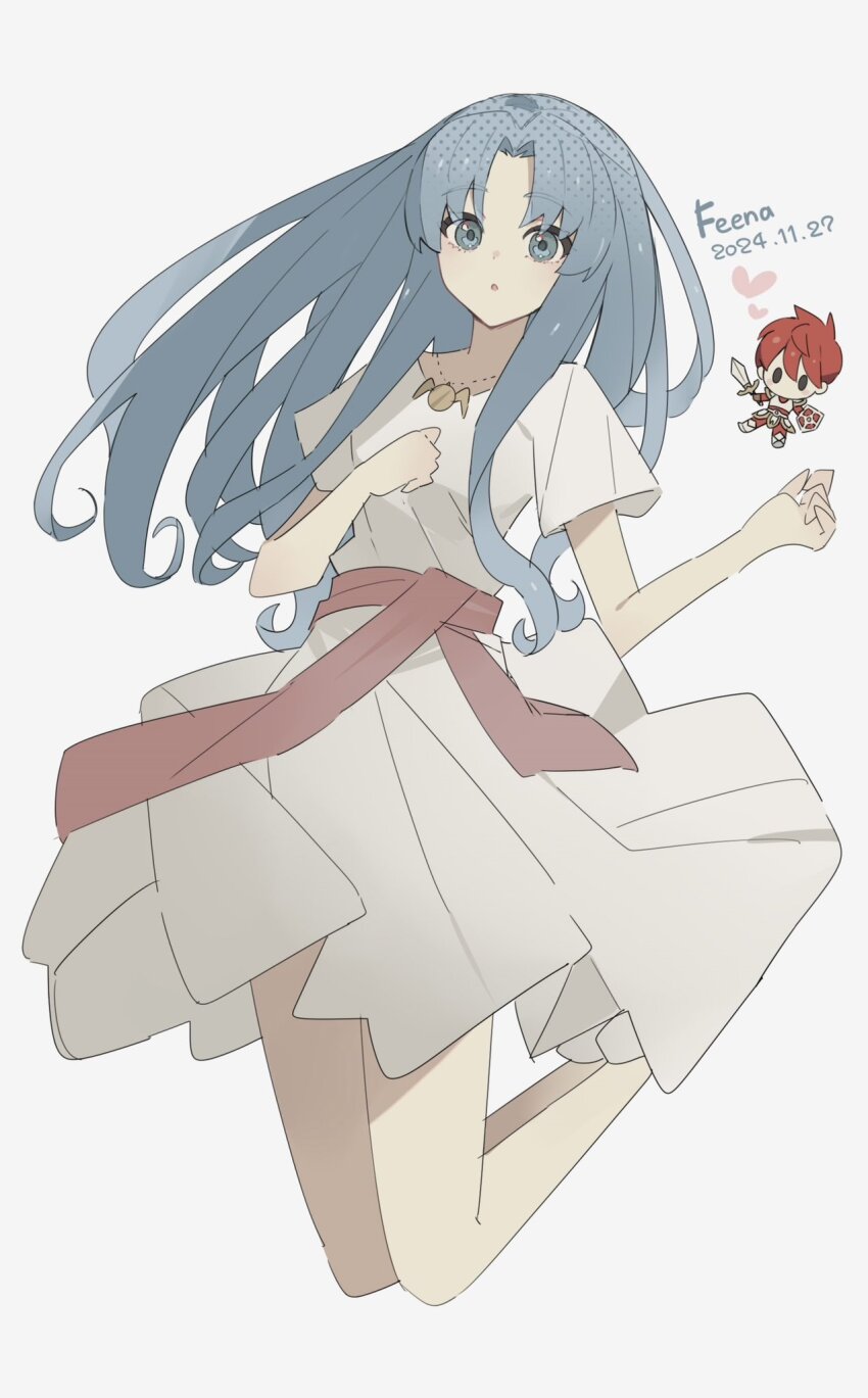 1boy 1girl :o adol_christin alternate_hairstyle ancient_ys_vanished blue_eyes blue_hair character_name commentary_request curly_hair curtained_hair dated feena_(ys) george_man heart highres long_hair looking_at_viewer mini_person miniboy simple_background white_background ys