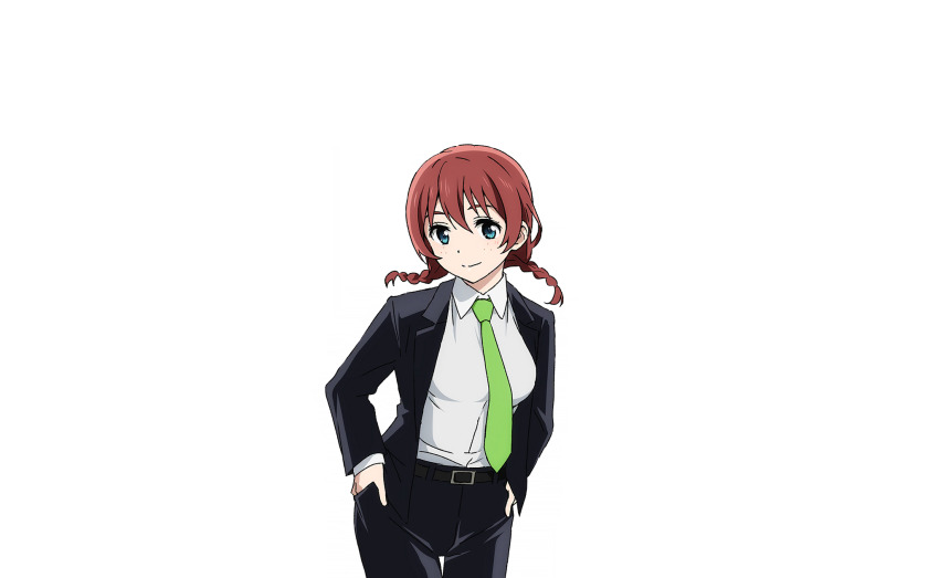 1girl belt belt_buckle black_belt black_pants black_suit blue_eyes blush braid breasts brown_hair buckle business_suit closed_mouth collared_shirt cowboy_shot emma_verde formal_clothes freckles green_necktie hair_between_eyes hands_in_pocket highres long_sleeves looking_at_viewer love_live! love_live!_nijigasaki_high_school_idol_club love_live!_school_idol_festival_2 medium_hair necktie official_art open_clothes pants shirt solo suit transparent_background twin_braids white_shirt