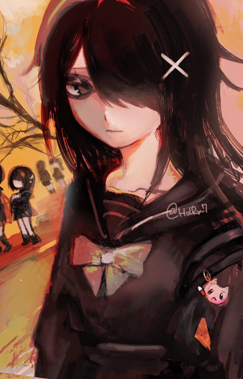 5girls absurdres ame-chan_(needy_girl_overdose) ame-chan_(school_uniform)_(needy_girl_overdose) arms_at_sides black_eyes black_hair black_sailor_collar black_serafuku black_shirt black_skirt bow bowtie character_charm charm_(object) closed_mouth commentary_request evening hair_ornament hair_over_one_eye highres long_bangs long_hair long_sleeves looking_at_viewer multiple_girls naishukketsukata needy_girl_overdose orange_sky outdoors pien_cat_(needy_girl_overdose) red_bow red_bowtie sailor_collar school_uniform serafuku shirt shirt_tucked_in skirt sky solo_focus twitter_username upper_body x_hair_ornament