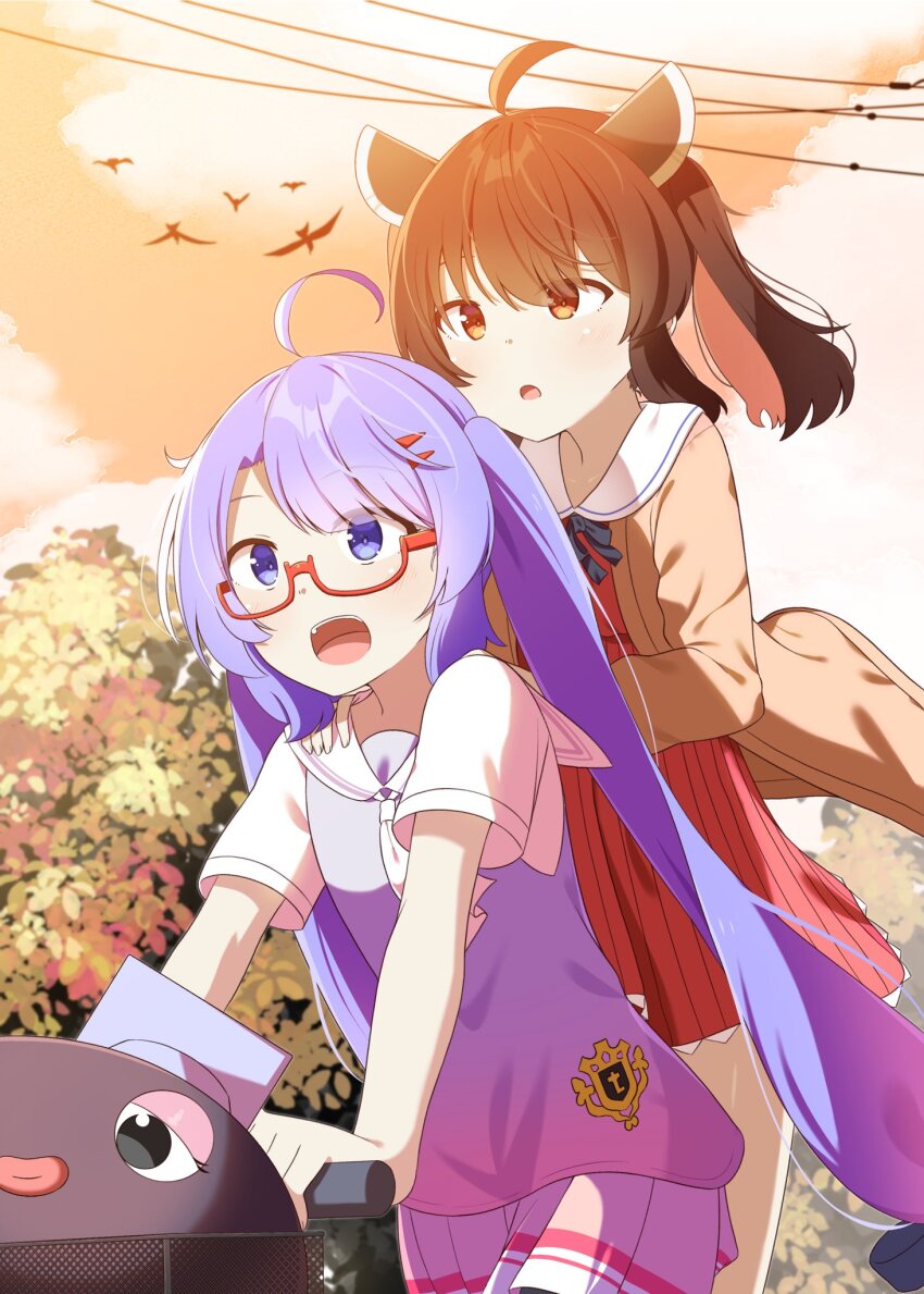 2girls :d adapted_costume ahoge alternate_bangs alternate_costume ascot asymmetrical_bangs bicycle bicycle_basket bird blue_eyes blue_hair blunt_bangs bow bowtie brown_cardigan brown_hair cardigan chaakusu cloud cloudy_sky commentary_request dress eel_hat evening facing_ahead floating_clothes floating_hair frilled_dress frills glasses gradient_clothes gradient_shirt hair_ornament hairclip hands_on_another&#039;s_shoulders hat headgear highres large_hat light_blush long_hair looking_ahead low-tied_long_hair medium_hair mortarboard multicolored_skirt multiple_girls multiple_riders open_cardigan open_clothes open_mouth orange_sky otomachi_una otomachi_una_(talkex) outdoors pleated_skirt power_lines red-framed_eyewear red_dress red_eyes riding riding_bicycle sailor_collar sailor_dress sailor_shirt semi-rimless_eyewear shirt short_sleeves skirt sky smile sunlight talkex teeth touhoku_kiritan tree twintails under-rim_eyewear unworn_hat unworn_headwear upper_teeth_only very_long_hair voiceroid white_ascot white_sailor_collar