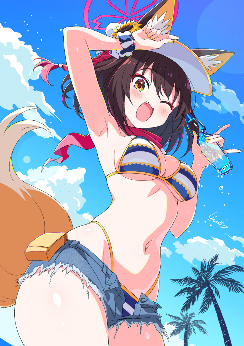 1girl ;d bikini blue_archive blue_shorts blue_sky bottle breasts brown_hair commentary_request halo highres holding holding_bottle izuna_(blue_archive) kamuraaa_615 looking_at_viewer medium_breasts navel official_alternate_costume one_eye_closed open_mouth outdoors palm_tree red_halo shorts sky smile solo striped_bikini striped_clothes swimsuit tree yellow_eyes
