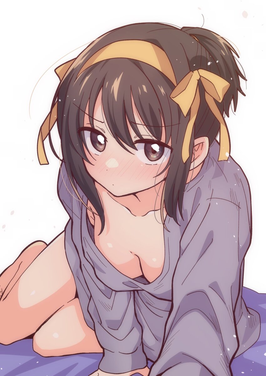 1girl alternate_hairstyle baggy_clothes blush bottomless breasts brown_eyes brown_hair cleavage grey_shirt hair_ribbon highres medium_breasts no_shoes ponytail ribbon shirt short_ponytail simple_background suzumiya_haruhi suzumiya_haruhi_no_yuuutsu taiki_(6240taiki) white_background