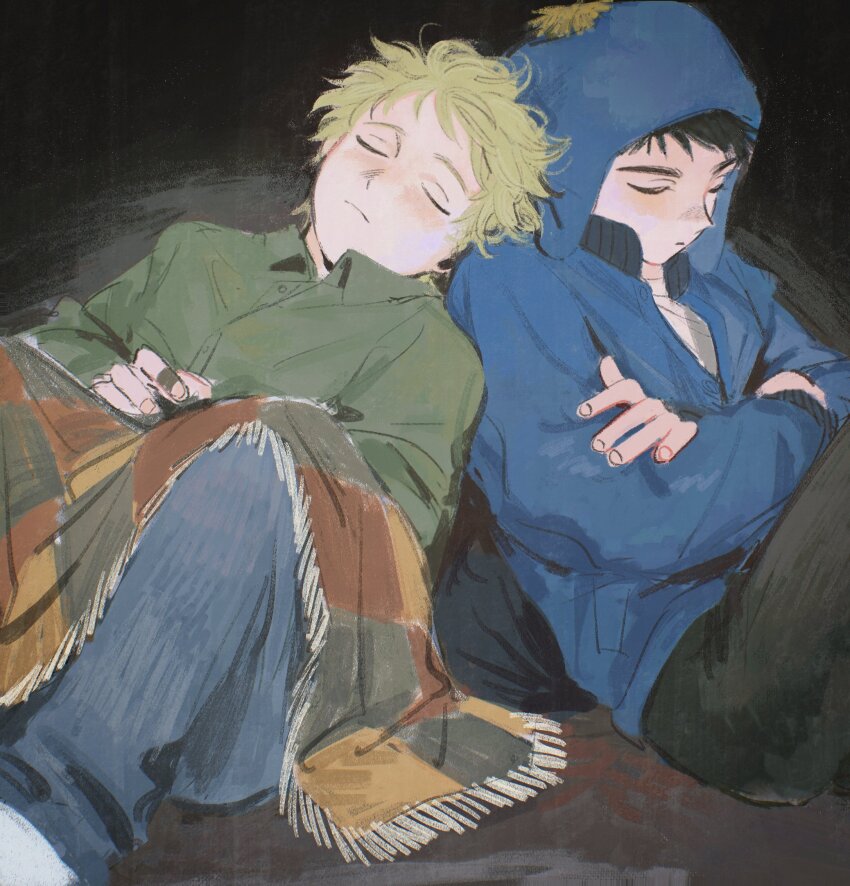 2boys black_hair black_pants blue_hat blue_jacket blue_pants chunai_tuju closed_eyes closed_mouth craig_tucker crossed_arms green_shirt hat highres jacket male_focus multiple_boys pants shirt short_hair sitting sleeping south_park tweek_tweak
