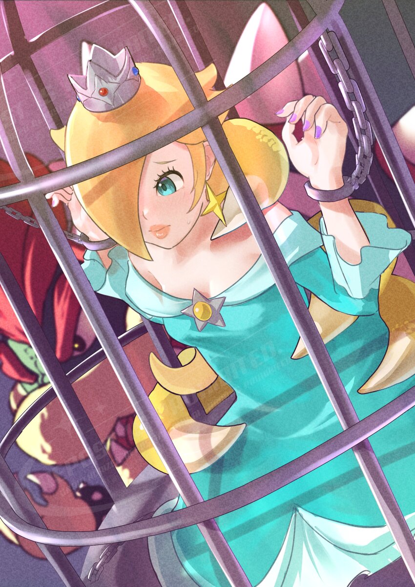 1boy 1girl absurdres blonde_hair blue_dress blue_eyes bowsette brooch cage chain dress earrings hair_over_one_eye highres jewelry kurere1202 long_hair mario_(series) nintendo purple_nails rosalina solo_focus star_brooch strapless strapless_dress