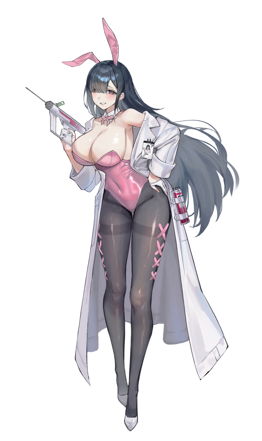 1girl absurdres animal_ears armpits black_hair black_pantyhose blunt_bangs blush bow bowtie breasts cleavage coat commentary covered_navel detached_collar english_commentary eoboong eyelashes fake_animal_ears full_body furrowed_brow gloves gun half_gloves hand_on_own_hip high_heels highleg highleg_leotard highres holding holding_gun holding_weapon lab_coat large_breasts leotard long_hair looking_at_viewer mole mole_under_eye name_tag off_shoulder open_clothes open_coat original pantyhose parted_lips partially_fingerless_gloves pink_bow pink_bowtie pink_eyes pink_leotard playboy_bunny rabbit_ears shoes simple_background smile solo standing syringe_gun thighband_pantyhose weapon white_background white_coat white_gloves white_shoes