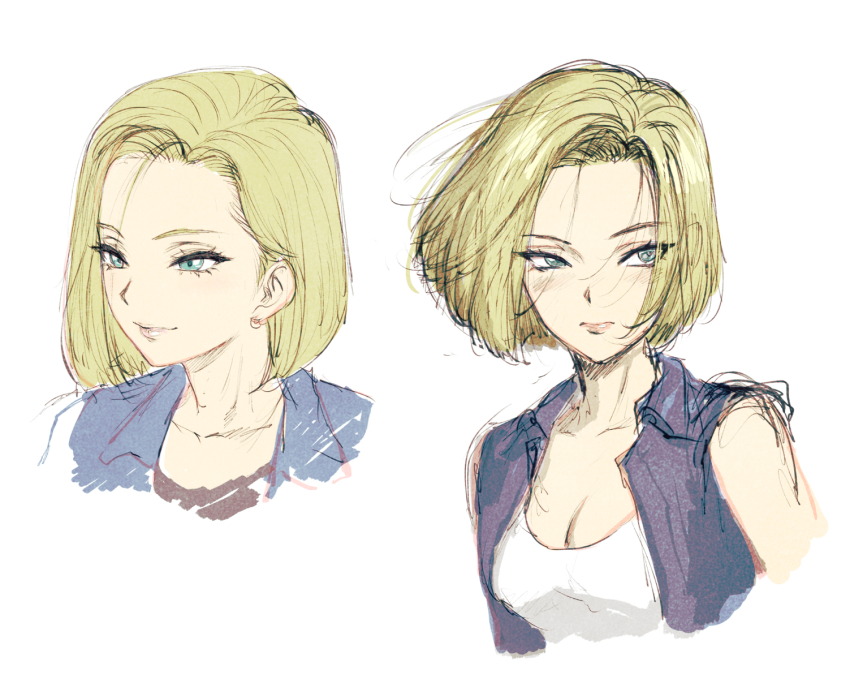 1girl android_18 blonde_hair blue_hair blue_jacket bob_cut breasts cleavage denim denim_jacket dragon_ball dragonball_z earrings floating_hair fujii_eishun hair_intakes highres jacket jewelry multiple_views shirt short_hair sleeveless sleeveless_jacket upper_body white_background white_shirt