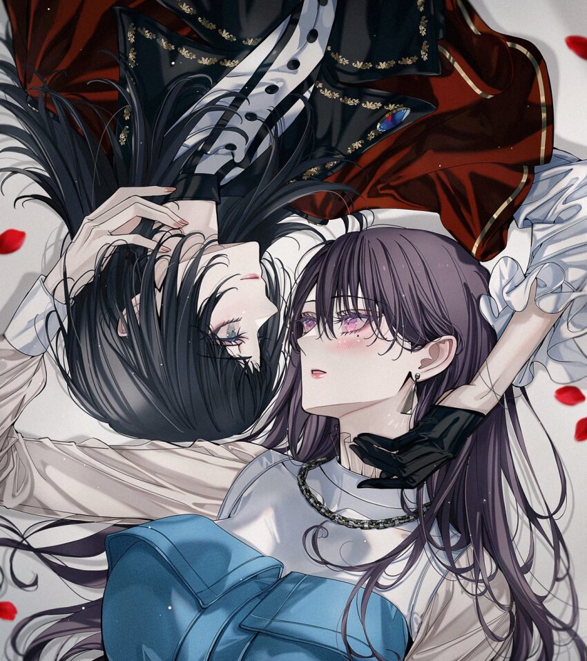 2girls alraune bang_dream! bang_dream!_it&#039;s_mygo!!!!! black_hair black_vest blackfangs blue_eyes blush brown_hair capelet closed_mouth commentary earrings hand_on_another&#039;s_neck highres jewelry long_hair long_sleeves lying mole mole_under_eye monster_girl multiple_girls necklace on_back open_mouth petals plant_girl purple_eyes red_capelet rose_petals see-through_clothes see-through_sleeves shiina_taki shirt smile timoris_(bang_dream!) vest white_shirt yahata_umiri yuri