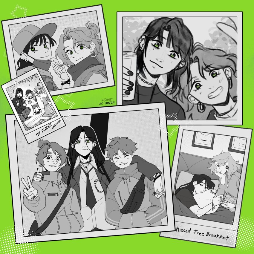 2boys 2girls aged_up alternate_hair_length alternate_hairstyle arai_sumiko arm_around_shoulder baseball_cap bedroom border borrowed_inset bracelet breast_pocket brothers can chain child closed_eyes closed_mouth coat collage collared_shirt commentary dated double_v dress_shirt ear_piercing earrings elbow_rest english_commentary english_text fake_photograph fanny_pack green_background green_eyes greyscale_with_colored_background grin guitar_case hair_bun halftone hand_in_pocket hand_up hands_in_pockets hat head_rest high_collar highres holding holding_can hood hood_up hoodie hoop_earrings indoors instrument_case jacket jewelry kininatteru_hito_ga_otoko_ja_nakatta koga_mitsuki lapels long_hair long_sleeves looking_at_another looking_at_viewer looking_to_the_side lying mask mask_pull mole mole_under_eye mouth_mask multiple_boys multiple_girls multiple_rings multiple_views nail_polish necklace necktie omnlet on_side oosawa_aya outdoors parted_hair parted_lips photo_(object) picture_frame piercing pillow pocket polaroid_photo ring scarf shirt short_hair siblings single_hair_bun sleeping smile spot_color star_(symbol) streetwear sweater thick_eyebrows traffic_cone twins twitter_username under_covers upper_body v white_border
