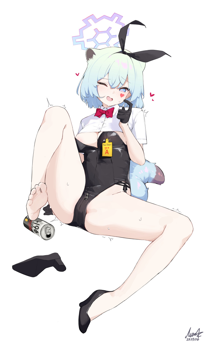 1girl absurdres alternate_costume animal_ears areola_slip barefoot black_gloves blue_archive blue_eyes blush bow bowtie breasts cleavage commentary feet full_body gloves green_hair hair_ornament halo high_heels highres legs leotard looking_at_viewer medium_breasts mona_kkkk open_mouth playboy_bunny red_bow red_bowtie shigure_(blue_archive) short_hair simple_background single_bare_foot smile soles solo strapless strapless_leotard tail thighs toes trembling weasel_ears weasel_girl weasel_tail white_background