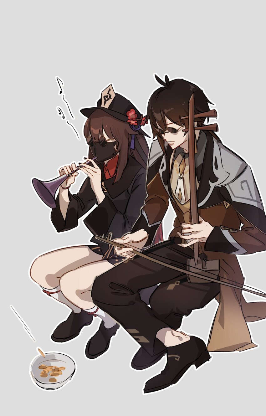 1boy 1girl black_nails black_shorts bowl brown_hair chinese_clothes coin erhu flower formal_clothes genshin_impact hair_between_eyes hat hat_flower highres hu_tao_(genshin_impact) instrument jacket long_hair long_sleeves mask mouth_mask music playing_instrument porkpie_hat round_eyewear shishamo_(4731) shorts suit sunglasses zhongli_(genshin_impact)