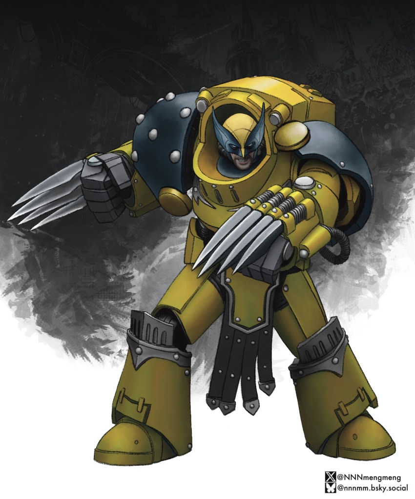 1boy absurdres adeptus_astartes armor claws crossover fighting_stance full_body highres looking_at_viewer mask nnnmengmeng power_armor solo standing terminator_armor warhammer_40k wolverine_(x-men) yellow_armor