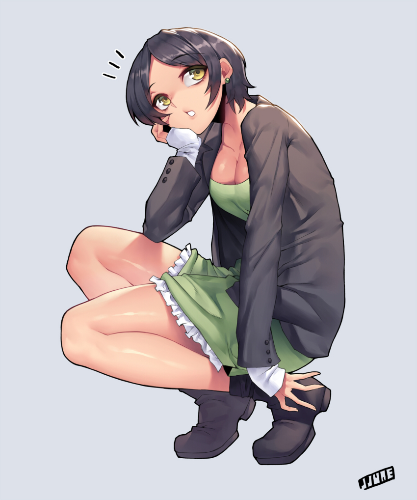 10s 1girl black_hair boots breasts cleavage dress earrings female_focus hayami_kanade head_rest highres idolmaster idolmaster_cinderella_girls jewelry jjune long_sleeves looking_up open_mouth parted_bangs short_hair solo squatting yellow_eyes