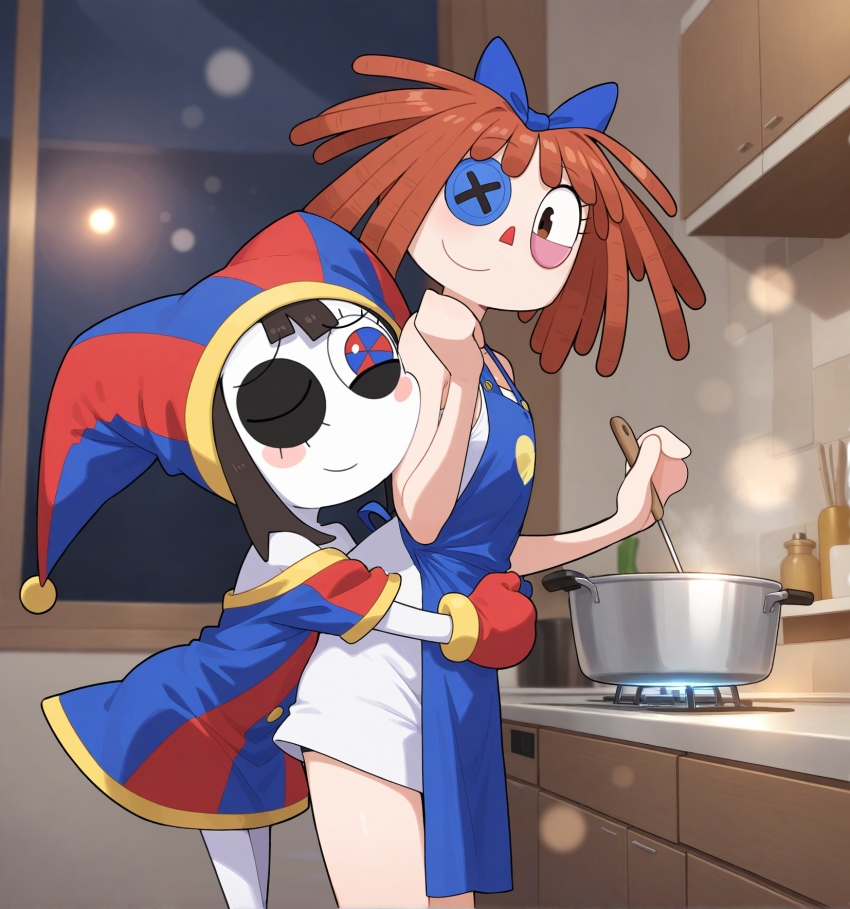 2girls ai-assisted alternate_costume apron asymmetrical_gloves bare_shoulders black_hair blue_apron blue_bow blue_dress blue_eyes blush blush_stickers bow brown_eyes button_eyes buttons cabinet closed_mouth colored_skin commentary_request cooking cropped_legs dress eyeshadow fire from_side furnace gloves hat highres holding holding_ladle hug hug_from_behind jar ladle light_particles looking_at_another makeup mismatched_gloves multicolored_eyes multiple_girls one_eye_closed pomni_(the_amazing_digital_circus) ragatha_(the_amazing_digital_circus) red_dress red_eyes red_hair shio_(zsp1jqohfr12495) sidelocks smile sun the_amazing_digital_circus two-tone_dress two-tone_eyes two-tone_hat white_dress white_skin window yellow_trim yuri